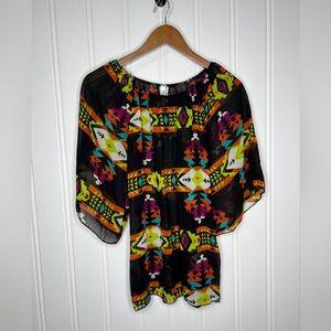 Giddy Up Glamour Women's Sheer Boho Aztec Top Black Orange Size Large